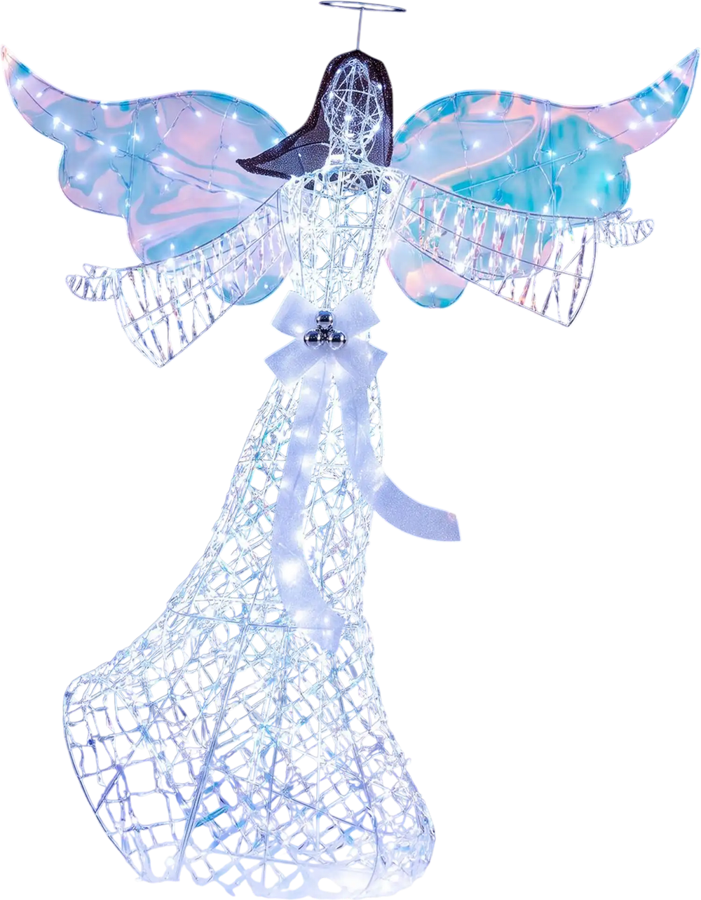 Iridescent Christmas angel decoration standing 5.2 ft tall, pre-lit with 230 cold white LEDs for festive outdoor displays.
