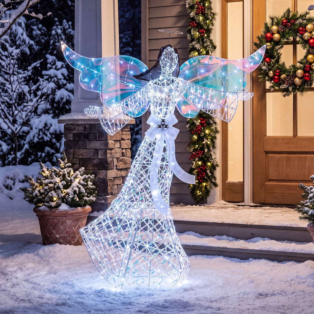 Iridescent Christmas angel decoration with a flowing ribbon and secure stakes, standing 5.2 ft tall for festive outdoor displays.