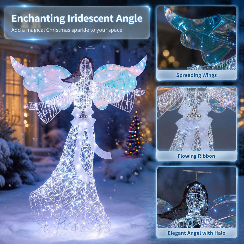 Life-size 5.2 ft iridescent Christmas angel decoration with 230 cold white LEDs, perfect for outdoor holiday displays.