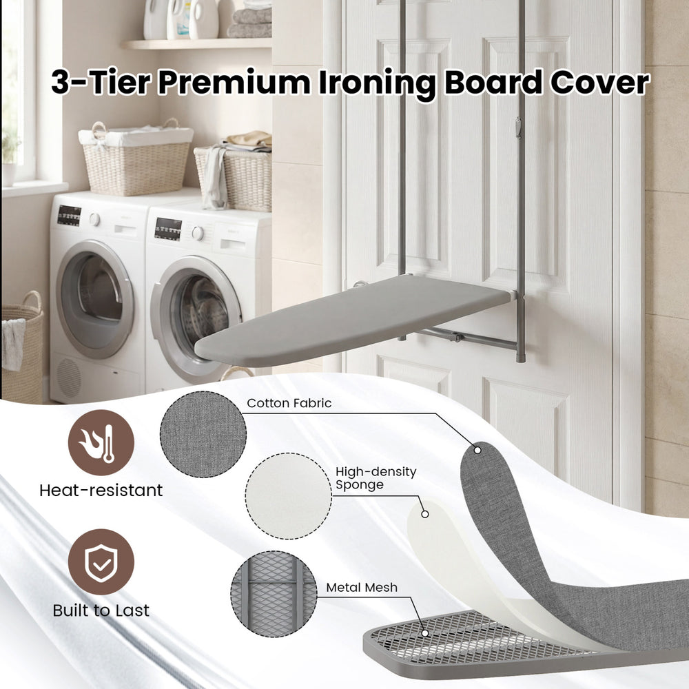 Space-saving gray metal hanging ironing board with heat-resistant cover, ideal for laundry rooms and apartments.