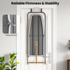 Space-saving gray metal hanging ironing board with a robust frame and built-in iron holder for convenient storage.