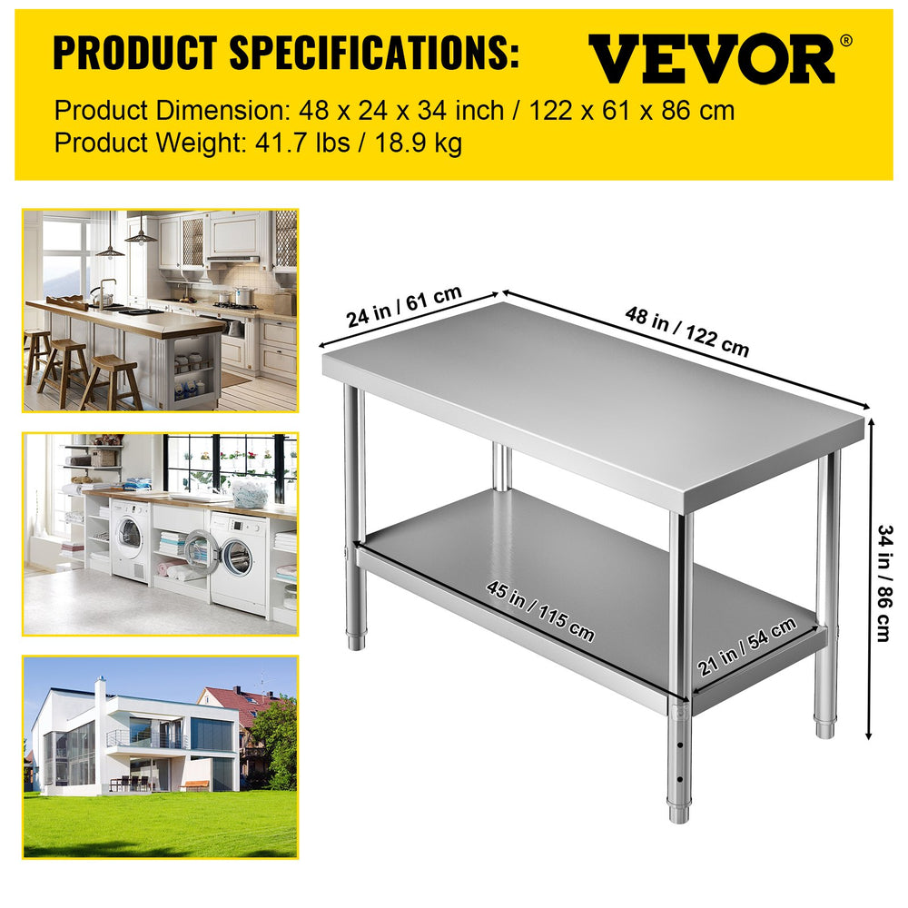 Vevor Prep Table 48" x 24" x 34" Stainless Steel 550 lbs. Capacity with Adjustable Undershelf New