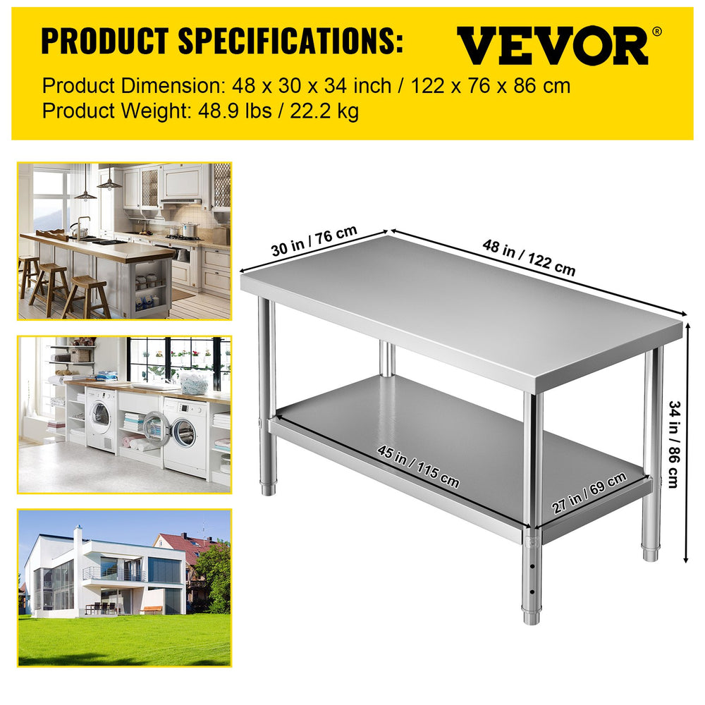 Vevor Prep Table 48" x 30" x 34" Stainless Steel 550 lbs. Capacity with Adjustable Undershelf New