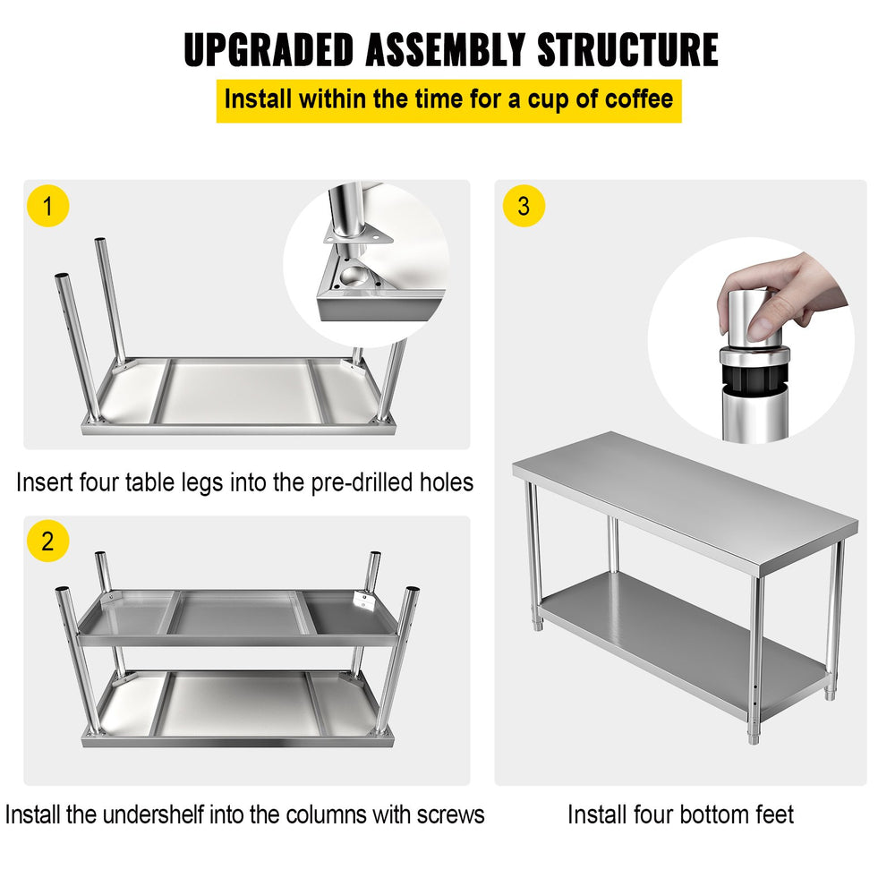 Vevor Prep Table 60" x 24" x 34" Stainless Steel 550 lbs. Capacity with Adjustable Undershelf New