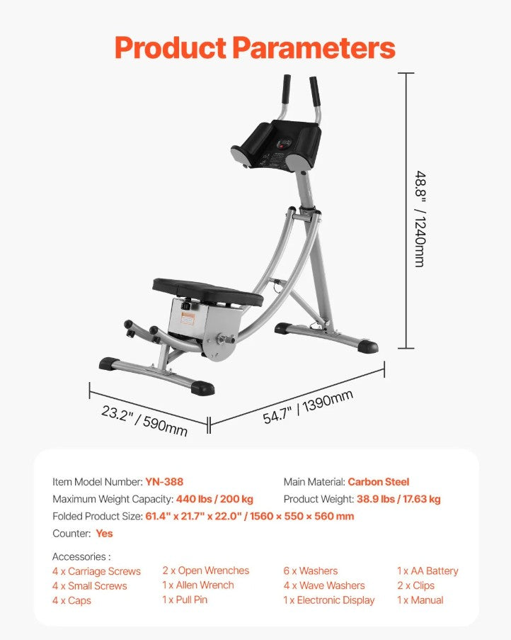 Vevor Ab Workout Machine Adjustable 440 Lbs Capacity Foldable with Rep Counter New