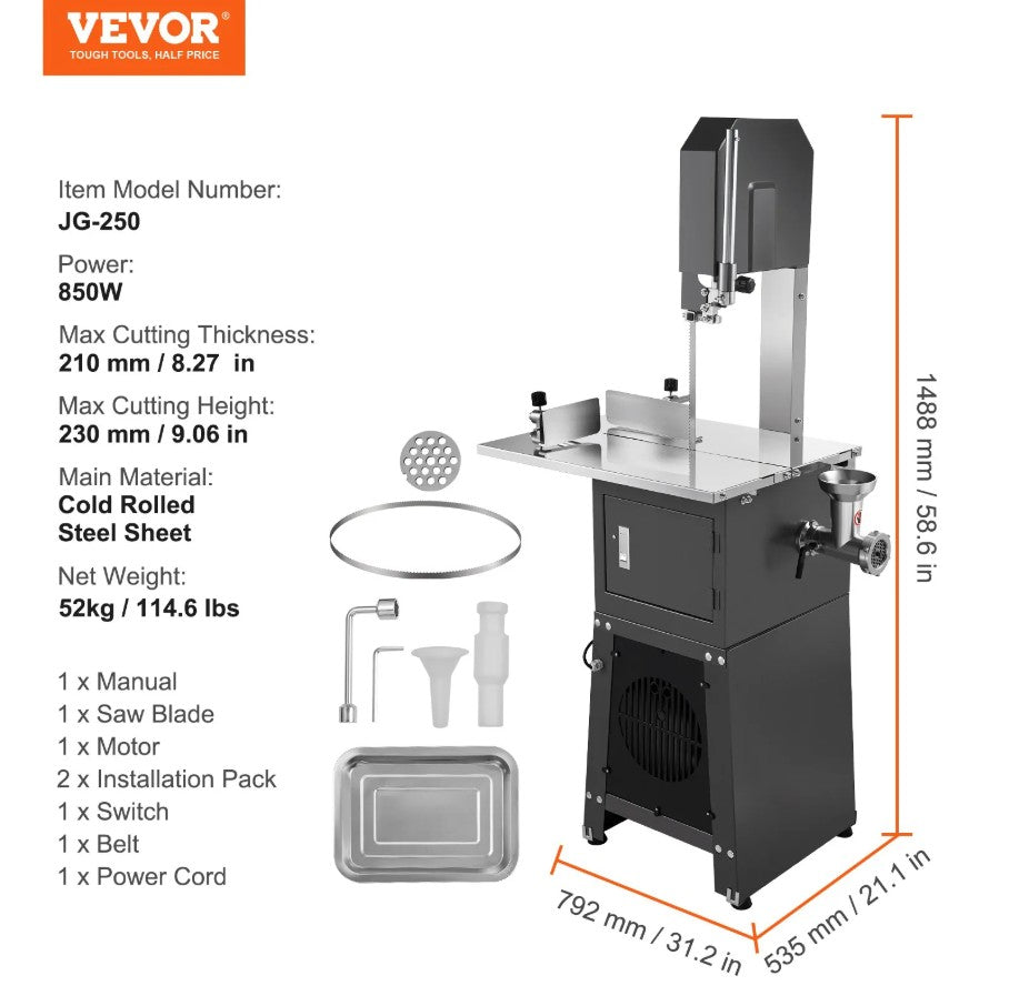 Vevor Commercial Electric Meat Bandsaw 850W with Grinder Stainless Steel 7" Cut Thickness New