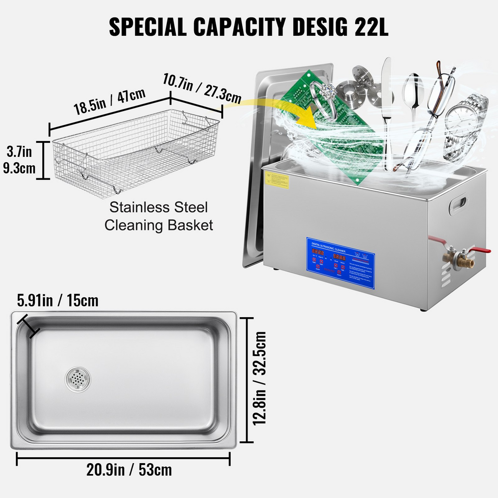 Vevor 22L Ultrasonic Cleaner Digital Timer And Heater 110V 40kHz Industrial New