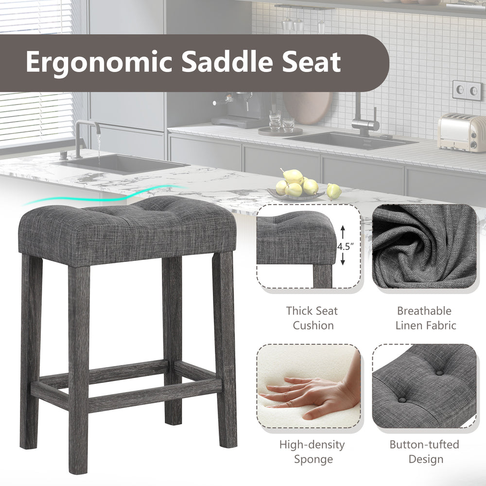 Gray saddle bar stool with padded seat, 4.5" thick cushion, and solid rubber wood frame for ergonomic comfort.
