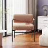 Brown velvet upholstered accent chair with cylindrical backrest and metal armrests, ideal for living room or reading.