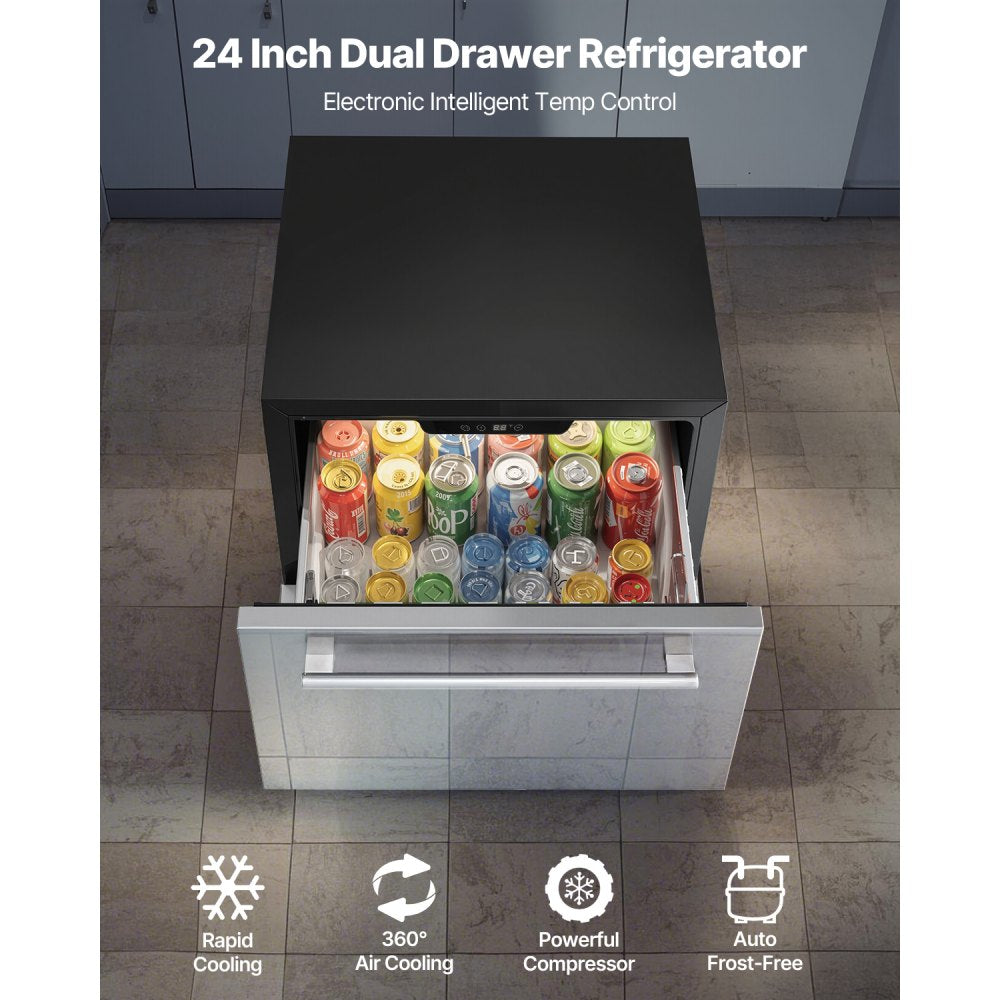 Vevor Drawer Refrigerator 24" 4.9 Cu Ft Stainless Steel 2-Tier Dual Zone Cooling New