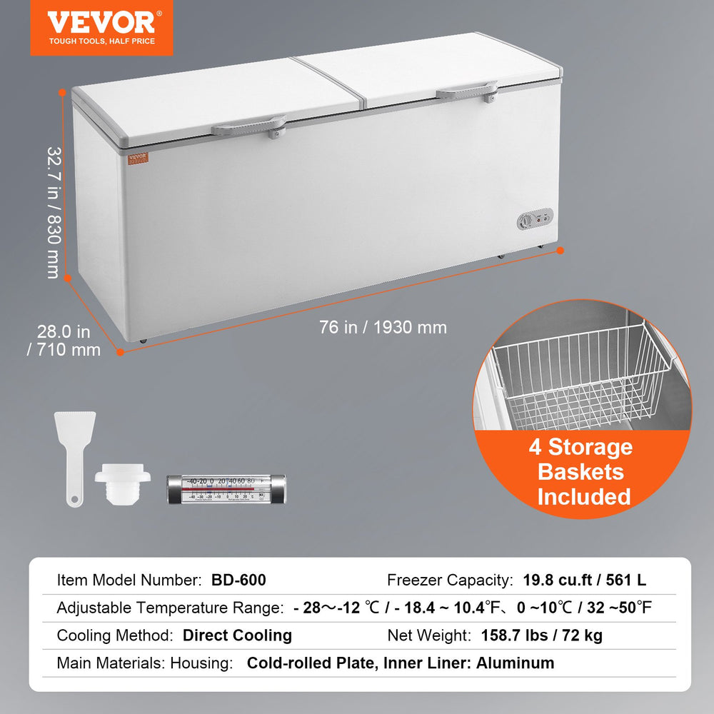 Vevor Chest Freezer 19.8 Cu. Ft. 561L Deep Freezer Split Top with Adjustable Thermostat New