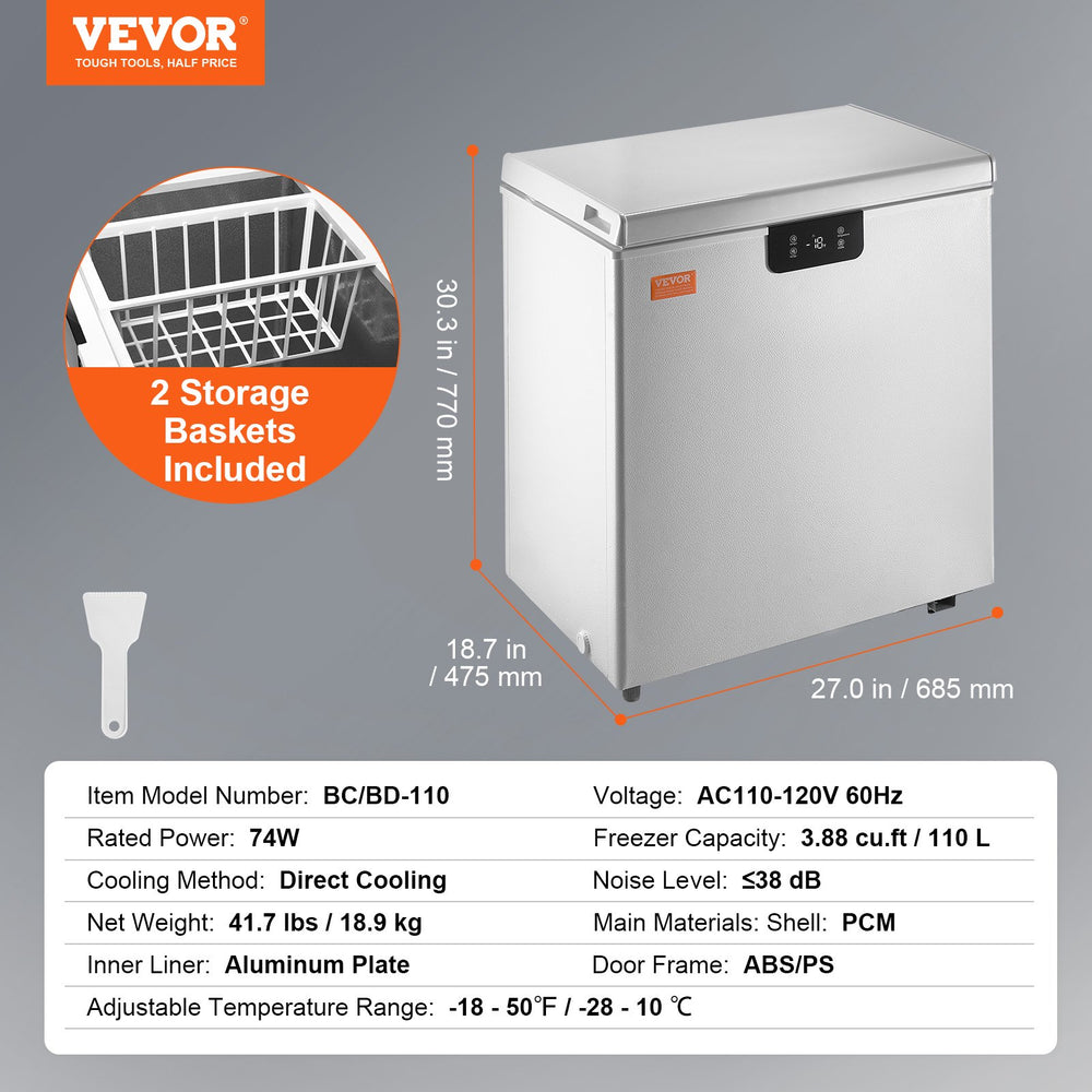 Vevor Chest Freezer 3.88 Cu. Ft. 110 L Deep Freezer with Adjustable Thermostat New