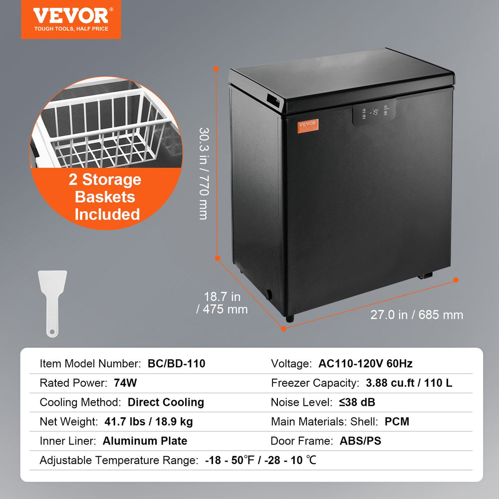 Vevor Chest Freezer 3.88 Cu. Ft. 110 L Deep Freezer with Adjustable Thermostat New