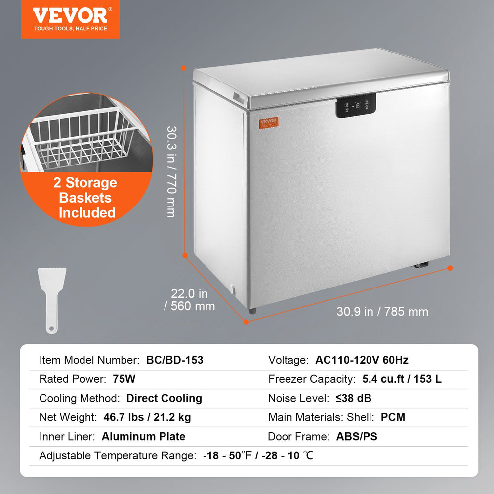 Vevor Chest Freezer 5.4 Cu. Ft. 153 L Deep Freezer with Adjustable  Thermostat New White