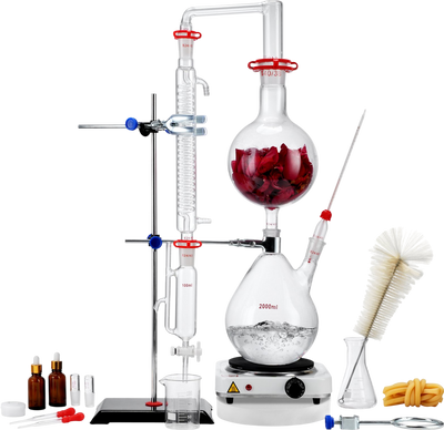 Vevor Distillation Kit 2.1 Qt Essential Oil Apparatus 3.3 Boro Glassware 1000W Heating Plate 24/40 Joints 28 PCS New
