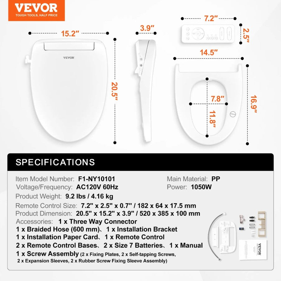 Vevor Electric Smart Bidet Toilet Seat Heated Elongated Seat with Remote Control New