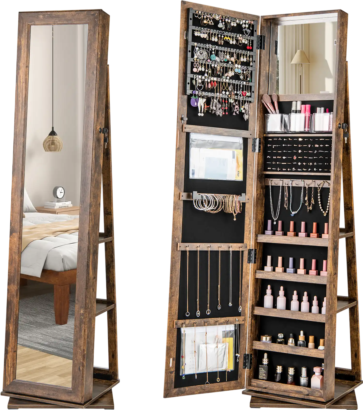 Costway 360° Swivel Jewelry Armoire Organizer Full Length Mirror Back Shelves 651284937 New