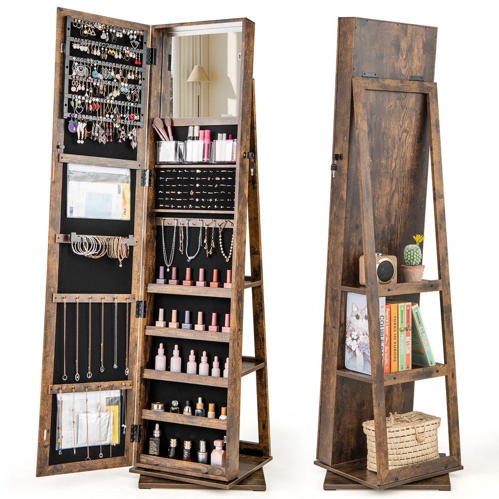 360° swivel jewelry armoire in rustic brown with full-length mirror, ample storage for jewelry and cosmetics, ideal for.