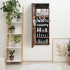 Rustic brown mirrored jewelry armoire with LED lights, full-length mirror, and ample storage for jewelry and.
