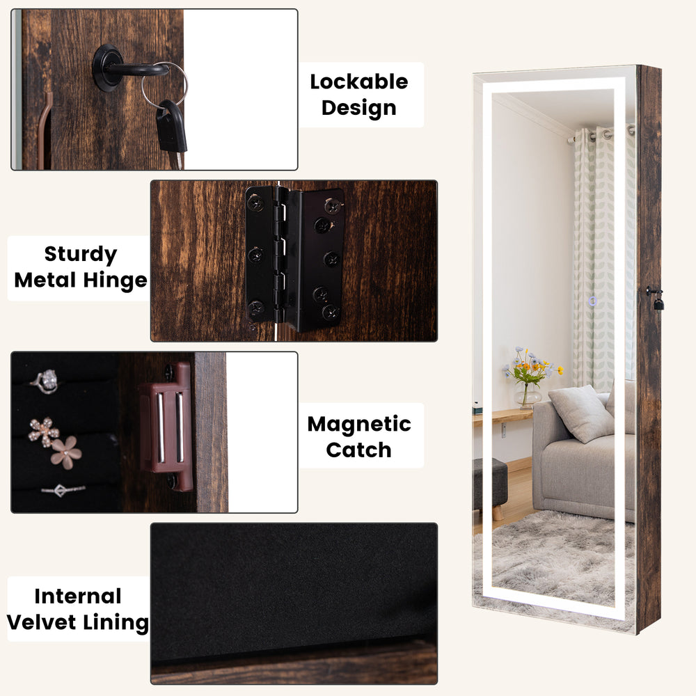 Full-length mirror jewelry armoire in rustic brown with lockable design, sturdy metal hinge, and internal velvet lining.