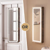 Rustic brown mirrored jewelry armoire showcasing adjustable LED lights and a spacious velvet-lined interior for jewelry.