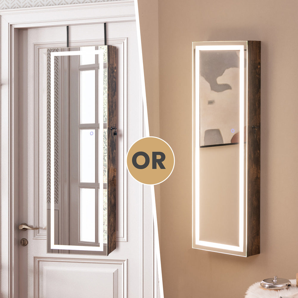 Rustic brown mirrored jewelry armoire showcasing adjustable LED lights and a spacious velvet-lined interior for jewelry.