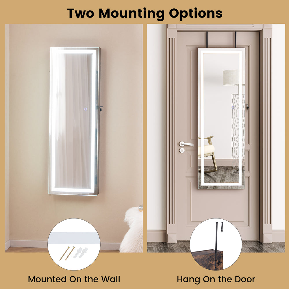 Mirrored jewelry armoire with full-length mirror, LED lights, and two mounting options for versatile placement.