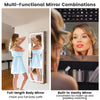 Full-length mirror with jewelry armoire in rustic brown, featuring LED lights and ample storage for jewelry.