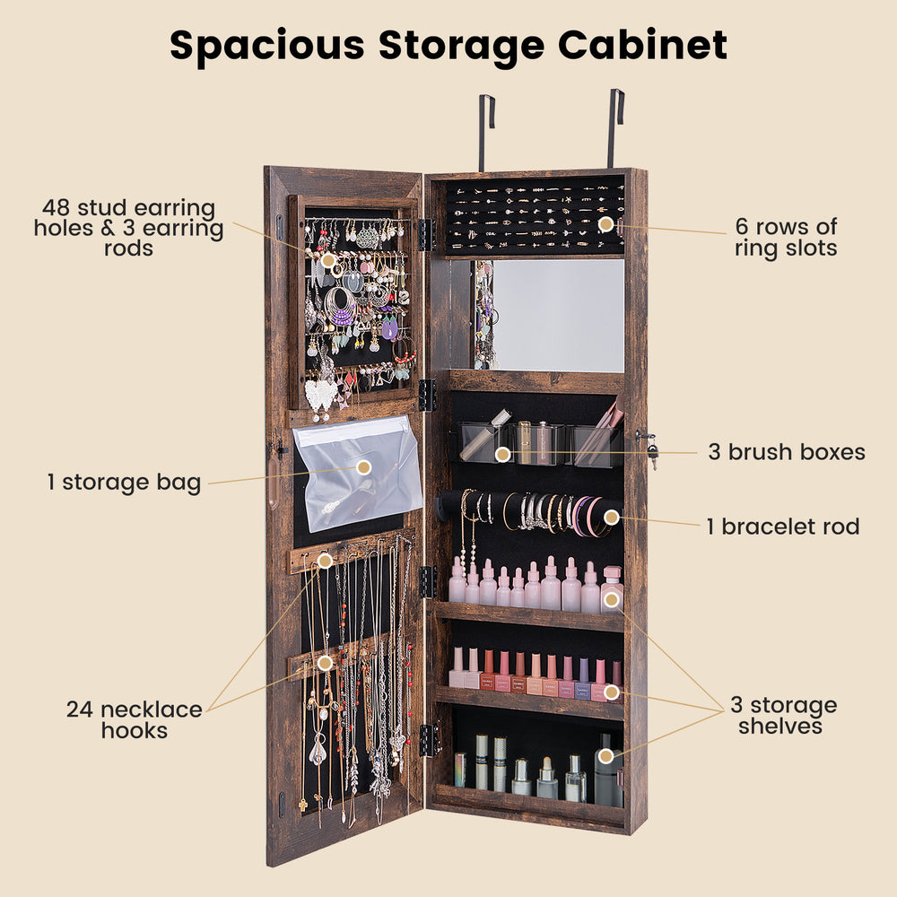 Mirrored jewelry armoire in rustic brown with full-length mirror, LED lights, and ample storage for jewelry.