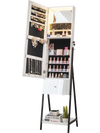 Freestanding jewelry organizer with full-length mirror, lockable design, and LED lights for stylish storage and.