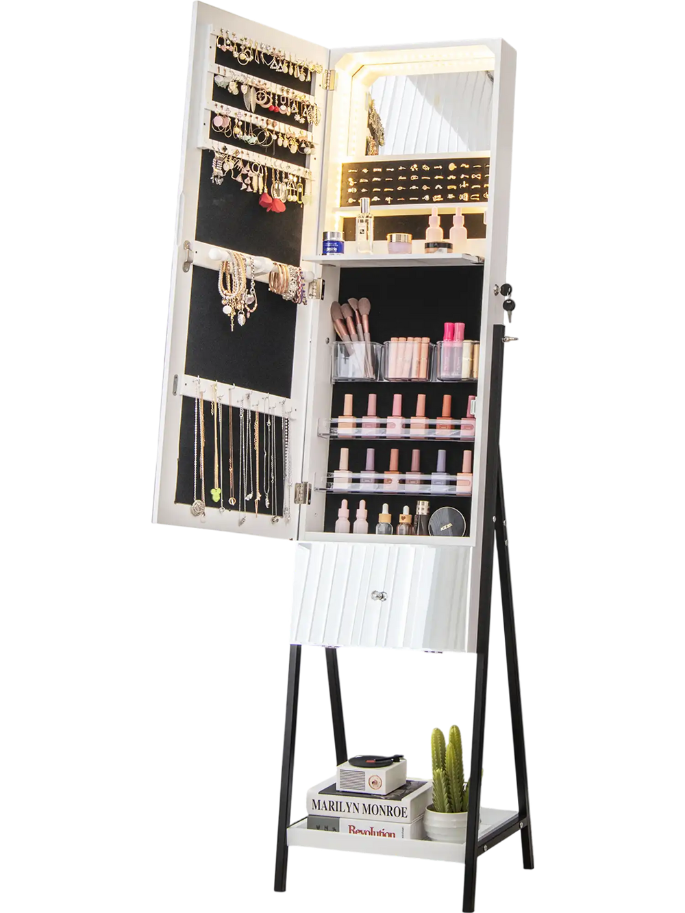 Freestanding jewelry organizer with full-length mirror, lockable design, and LED lights for stylish storage and.