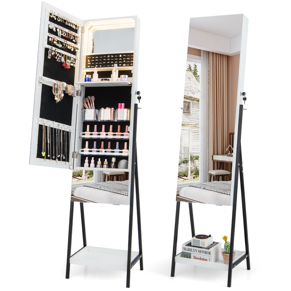 Freestanding jewelry organizer with full-length mirror, LED lights, and lockable storage for organized accessories.