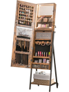 Freestanding jewelry cabinet in rustic brown with full-length mirror, LED lights, and multiple storage options for.