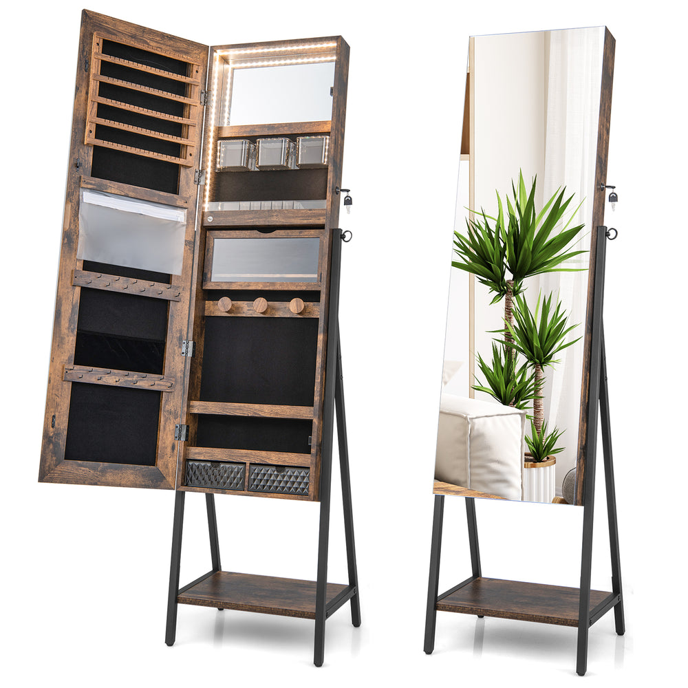 Freestanding jewelry cabinet in rustic brown with full-length mirror, LED lights, and multiple storage compartments.