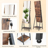 Freestanding jewelry cabinet in rustic brown with full-length mirror, lockable design, and bottom storage shelf.