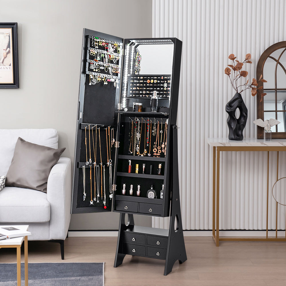Freestanding Full Length LED Mirrored Jewelry Armoire with 6 Drawers-Black - Gallery View 1 of 12