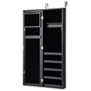 Black jewelry armoire with premium hinges, soft velvet lining, and multiple storage shelves for organized jewelry.