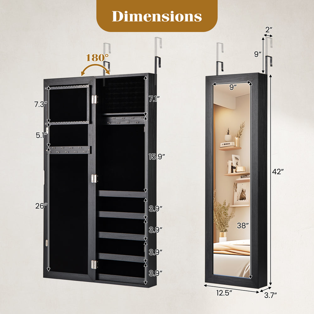 Jewelry cabinet with full-length mirror, black finish, wall or door mounted, featuring large capacity and soft velvet.
