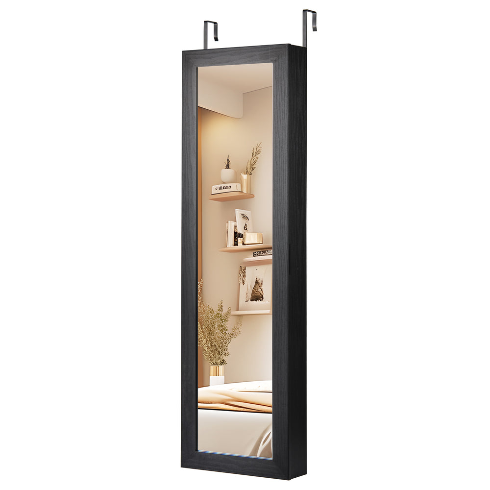 Full-length black mirror jewelry armoire with soft velvet lining, wall or door mounted for convenient access and.
