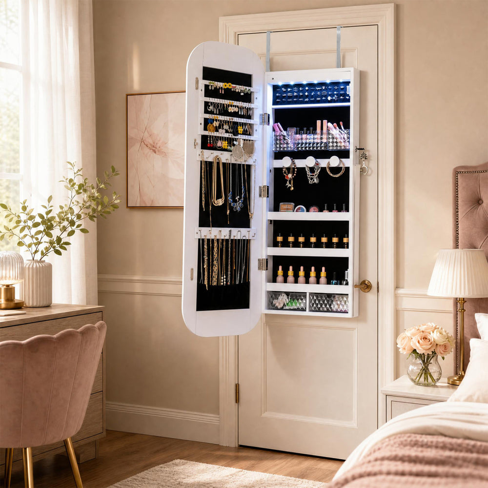 Jewelry cabinet with a full-length mirror in white, featuring large storage capacity and built-in LED lights for easy access.