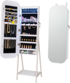 Jewelry cabinet with a full-length mirror in white, featuring LED lights, ample storage, and a lockable door for security.