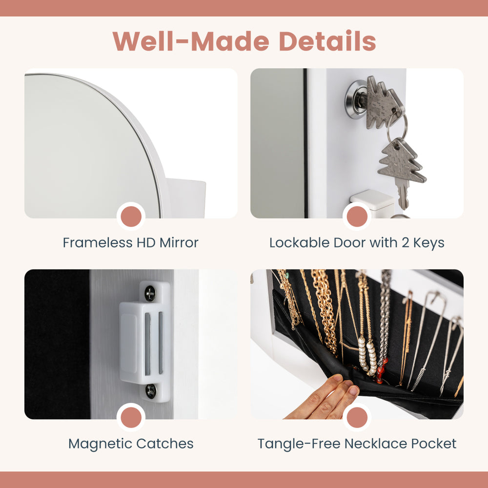 Jewelry cabinet with a frameless HD mirror, lockable door, and tangle-free necklace pocket for organized storage.