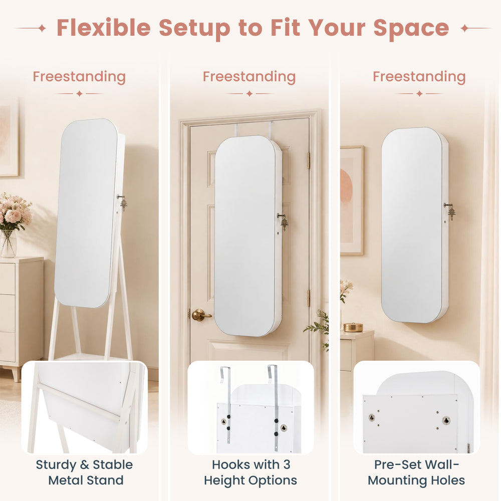 Freestanding white jewelry cabinet with a full-length mirror, featuring large storage capacity and built-in LED lights.