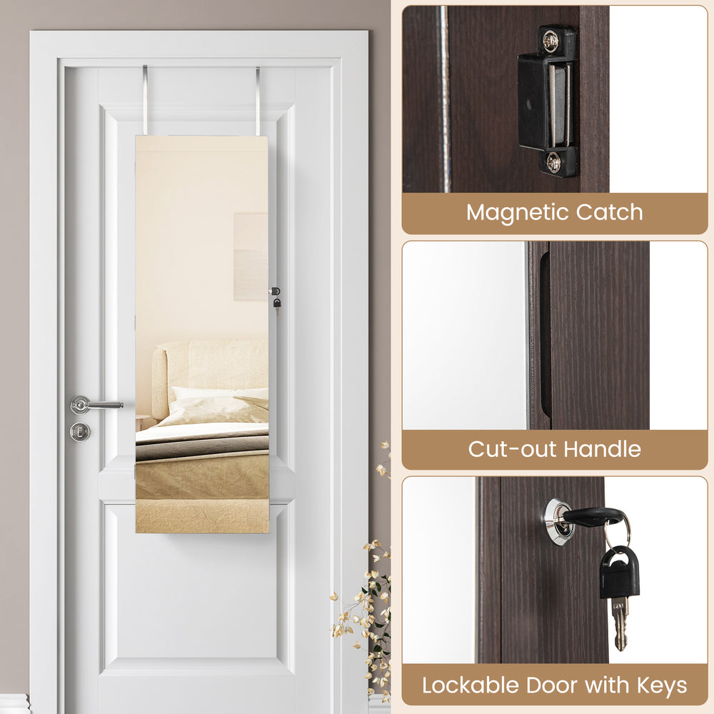 Full-length mirror jewelry cabinet in dark brown with adjustable hangers, magnetic catch, and lockable design for.