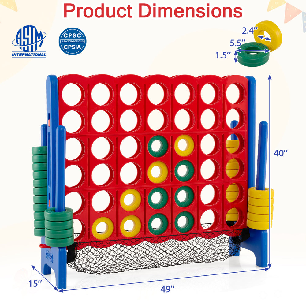 Jumbo 4 in a Row game set dimensions with red frame, featuring 42 chess pieces for indoor and outdoor fun.