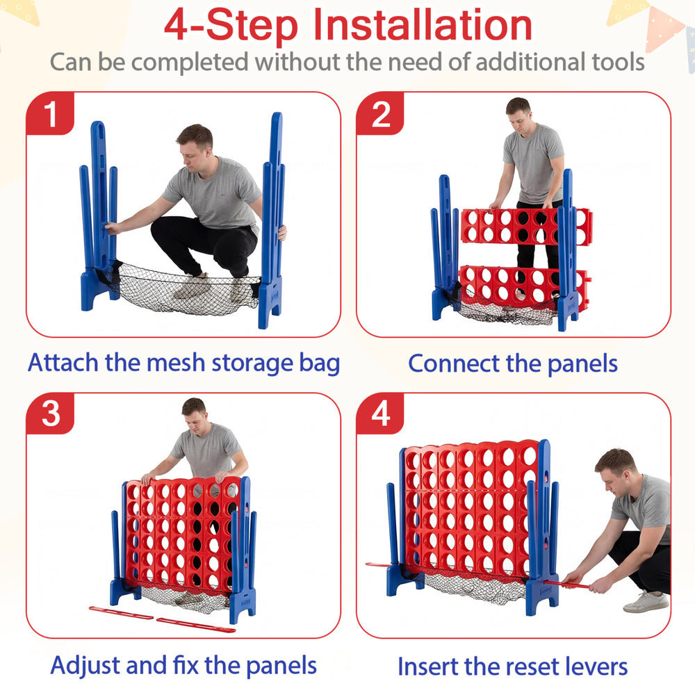 Jumbo 4 in a Row game set installation steps, featuring red panels and mesh storage bag for easy assembly.