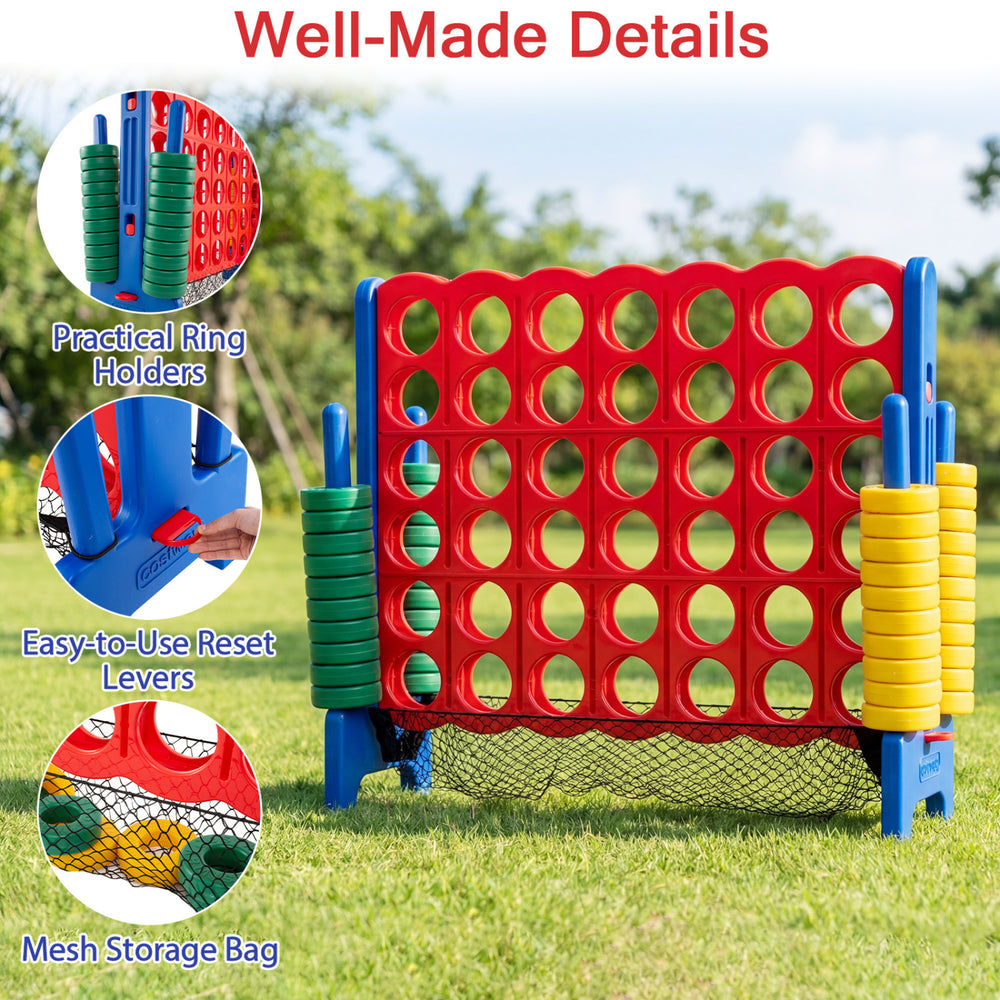 Jumbo 4 in a Row game set with red and yellow pieces, featuring easy-reset levers and mesh storage bag for outdoor fun.