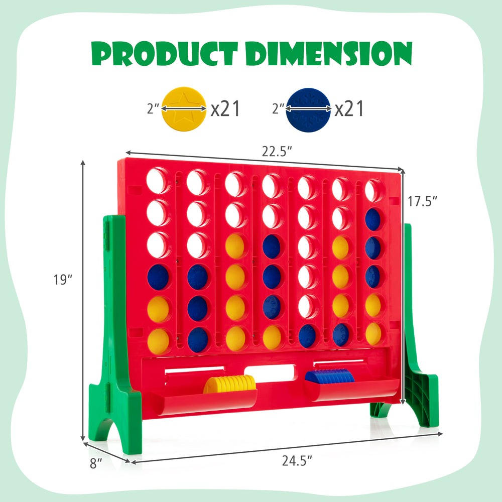 Jumbo 4-to-Score Connect Game Set dimensions with red and yellow coins, ideal for indoor and outdoor family fun.
