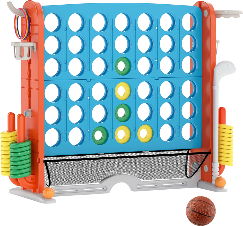 Jumbo 4-to-Score game in blue and orange with basketball hoop, ring toss, and adjustable height for kids' fun.