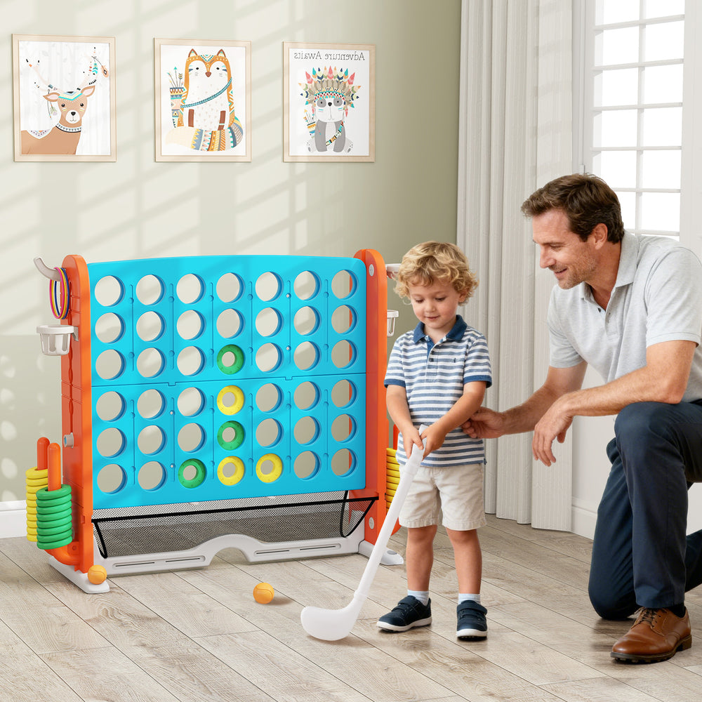 Jumbo 4-to-Score game in blue and orange features ring toss, basketball hoop, and adjustable height for kids' fun.